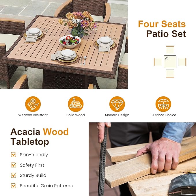Wisteria Lane Patio Dining Sets for 12, All Weather Rattan Outdoor Table and Chairs with Acacia Wood Tabletop, Patio Dining Furniture with Removable Cushions for Deck Garden, Backyard, Brown