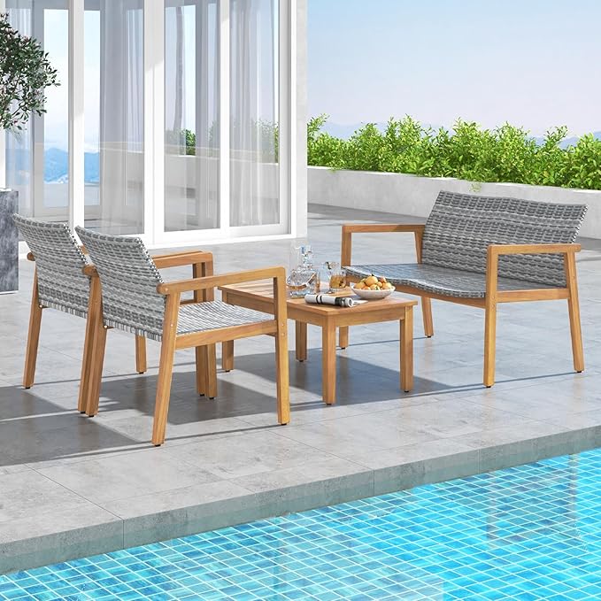 Tangkula 4 Pieces Outdoor Furniture Set, Acacia Wood Frame Sofa Set w/Rattan Seat & Back, Patio Conversation Set w/Coffee Table for Balcony, Poolside, Backyard (Mix Gray)