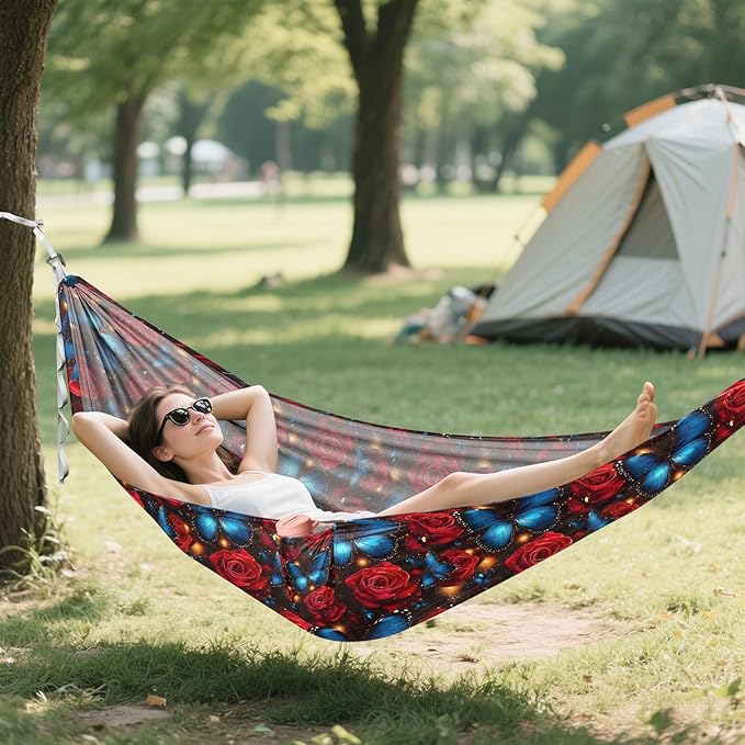 Camping Hammock Outdoor Hammocks for Outside Blue Butterfly Red Rose Beach Trees Portable Lightweight with Pockets Tree Straps Indoor