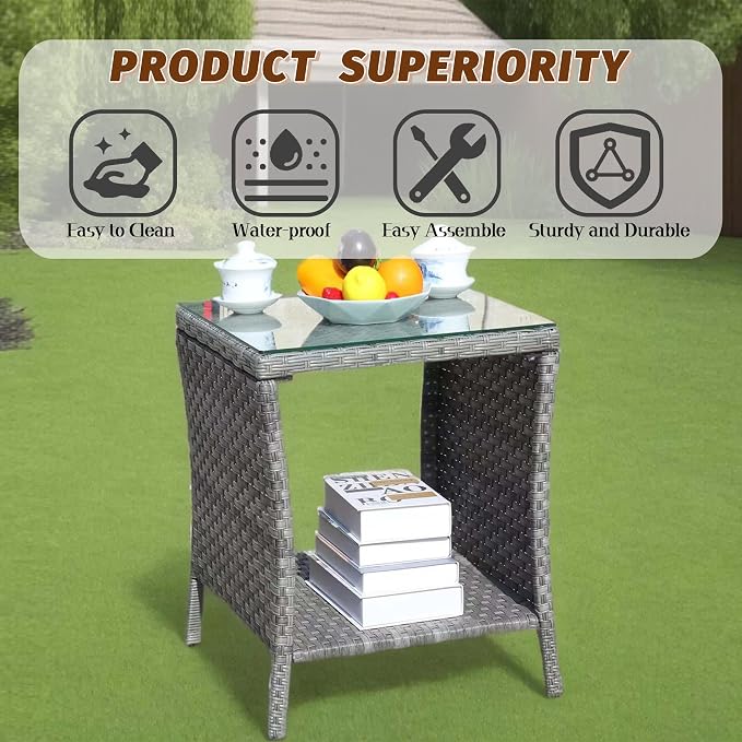 Outdoor Rattan Patio Side Tables, Wicker Table with Clear Tempered Glass Top, Patio End Tables with Storage Shelf, Outdoor Small Tables for Patio,Porch,Balcony,Backyard (Grey, 19.25 Inch)