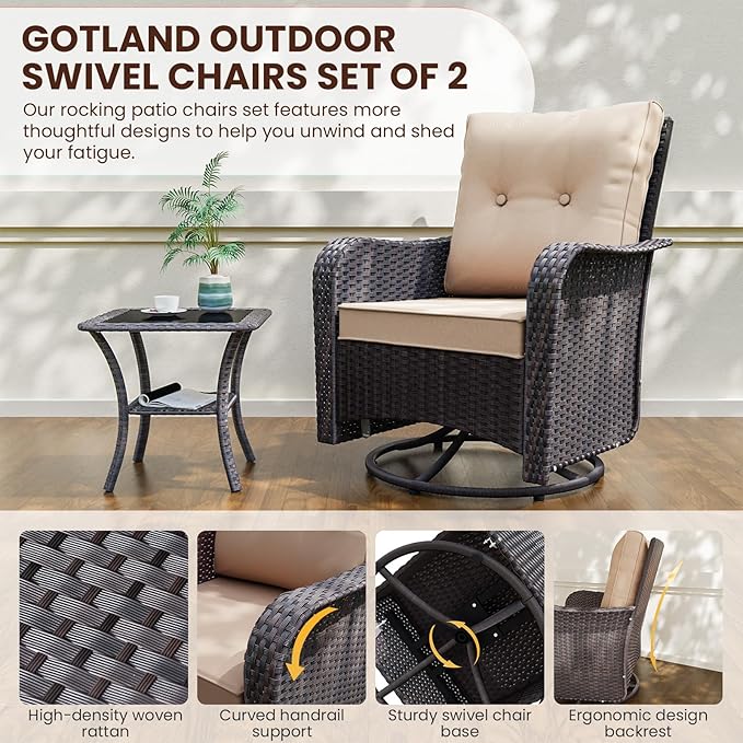 Gotland 11 Pieces Patio Furniture Set with Fire Pit Table Swivel Chairs, PE Rattan Outdoor Furniture with 29.5'' High Backrest 4’’ Thick Cushions, Outdoor Sectional for Porch, Deck, Garden, Khaki