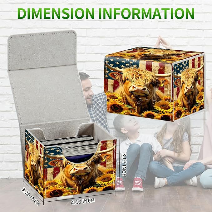 Card Deck Box for MTG, Cards Storage Box Fits 120+ Sleeved, Leather Small Size Strong Magnetic Closing Card Case for Board Games Magic TCG CCG Baseball Collection, Yellow Cow Sunflower