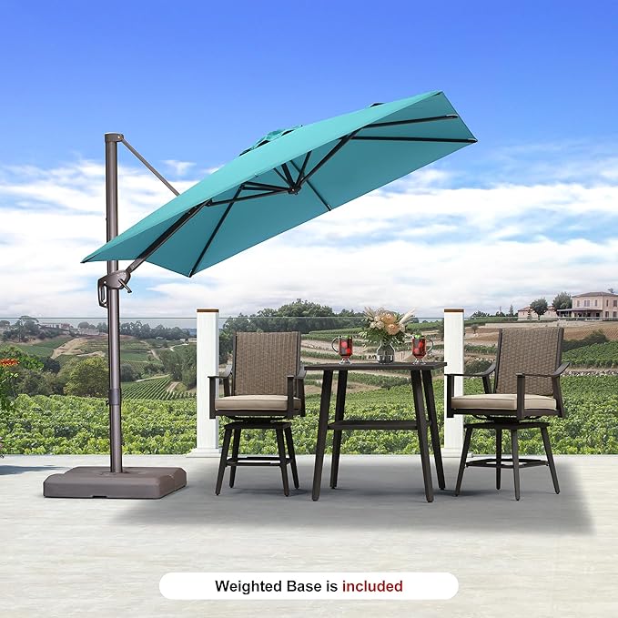 PURPLE LEAF 8' X 8' Cantilever Patio Umbrella with Base Included Antique Bronze Square Umbrella with 360° Rotation and Aluminum Offset Hanging Outdoor Umbrella for Pool Garden Backyard Deck, Turquoise