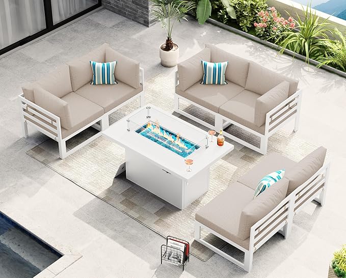 NICESOUL 7 Piece Extra Large Modern Aluminum Outdoor Sofa with Fire Pit Table, 29" Deep Wide Seating, 500 lbs Durable Sectional Set, All-Weather L Shaped Patio Furniture Set for Exterior Garden, Beige