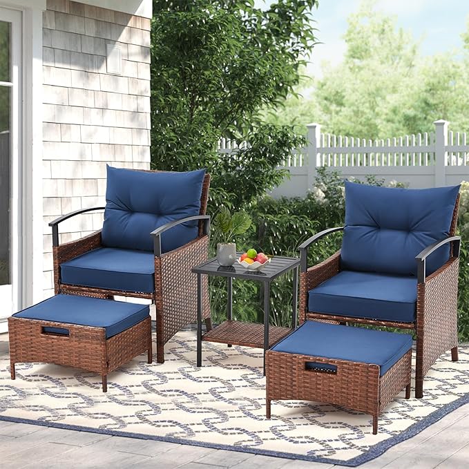AVAWING 5 PCS Outdoor Rattan Furniture Set, Wicker Conversation Sets W/Metal Coffee Table and Soft Cushions, Patio Chairs with Ottomans for Garden, Porch, Balcony and Deck (Blue)