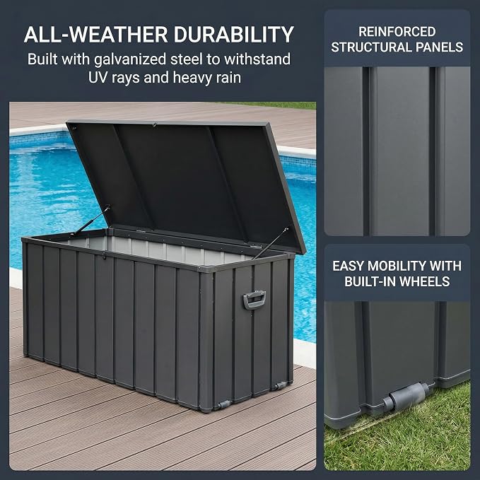 200 Gallon Outdoor Storage Deck Box with Lockable and Mobile Roller, Large Steel Container Bin with Waterproof and UV Resistant for Patio, Garden, Dark Gray