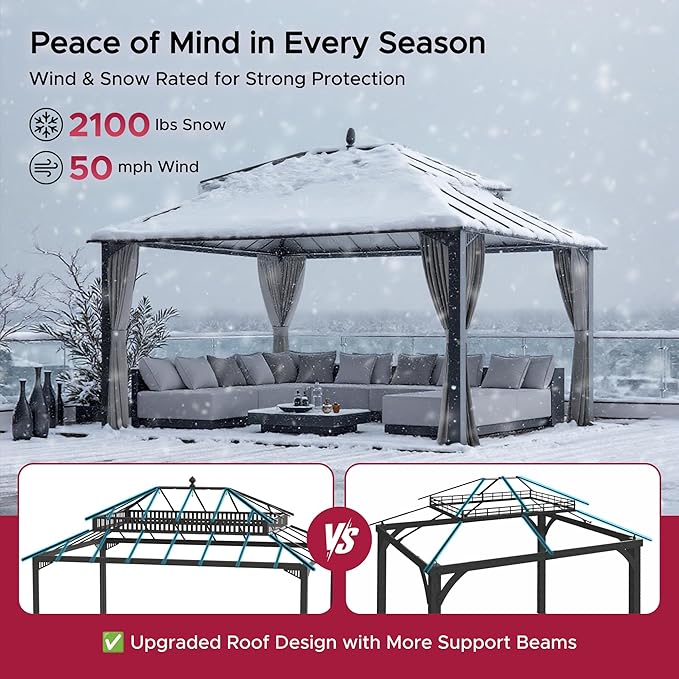 SUNJOY Kingston 16' x 12' Hardtop Gazebo with Galvanized Steel Double Roof, Curtain and Netting, Gray Aluminum Posts Permanent Pavilion Gazebo for Garden, Patio, Deck, Lawn