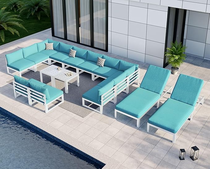 NICESOUL Oversized Modern Aluminum Outdoor Patio Furniture Set with Chaise, 29" Wide Deep Seating, Fade Resistant Sectional Sofa, 500lbs Heavy Duty Comfortable Poolside Conversation Set, Turquoise