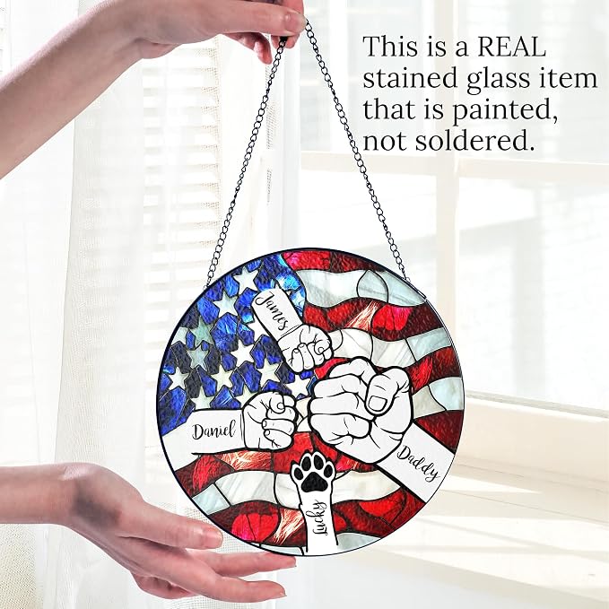 Personalized Fist Bump Dad and Kids Stained Glass Window Hanging Suncatcher - American Flag Background, Heartfelf Father's Day, Birthday Gift (Fist Bump Dad)
