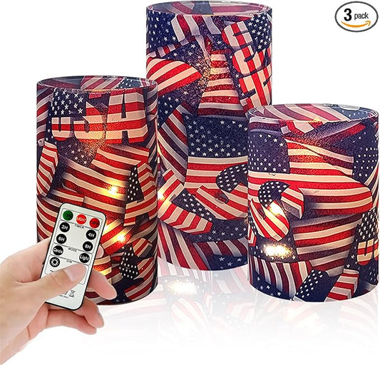 Printed Flameless Candles with String Lights - Set of 3 USA Flag Battery Operated Candle Flickering Floral LED Pillar Candles with Timer Remote for Home Decor Romantic Ambiance,Flag