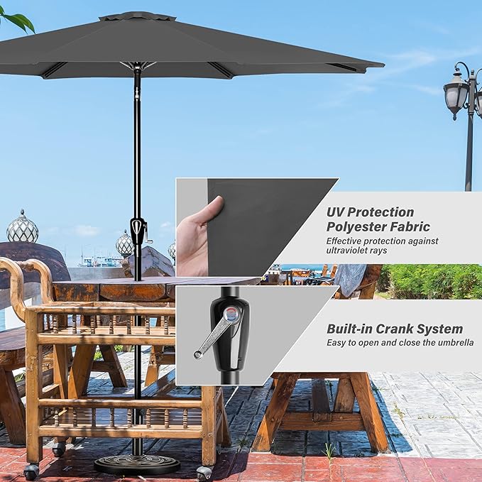 YSSOA 9' Patio Umbrella Outdoor Table Market Yard Umbrella with 8 Sturdy Ribs, Grey
