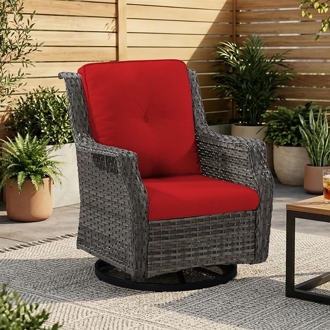 Outdoor Swivel Chair, Patio Rocking Chairs with Ergonomic Wide Armrest and Thick Cushions, Ideal for Backyard, Garden, Poolside,Red