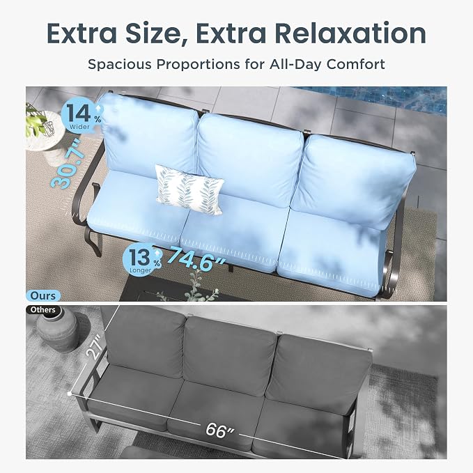 PHI VILLA Patio Furniture Set, 3-Seater Sofa, 2 Fixed Chairs, 2 Rocking Chairs and a 45" Fire Pit Table, Outdoor Metal Conversation Set with 5.75" Extra Thick Cushion for Garden Backyard Deck, Blue