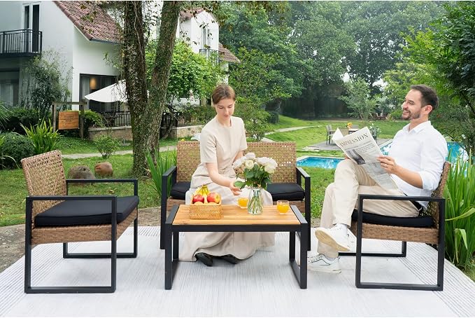 5-Piece Boho Patio Furniture Set, PE Rattan & Acacia Wood Outdoor Conversation Set for Porch, Garden, Backyard, Balcony