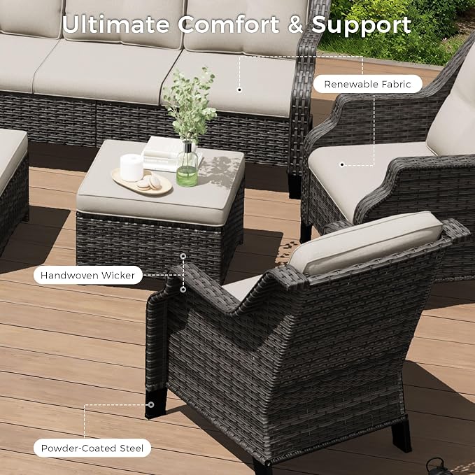 Outdoor Patio Chairs Set of 4, Wicker Patio Furniture with Thick Cushions, Curved Armrest, Deep Seating, Rattan Outdoor Chairs for Porch, Deck, Balcony