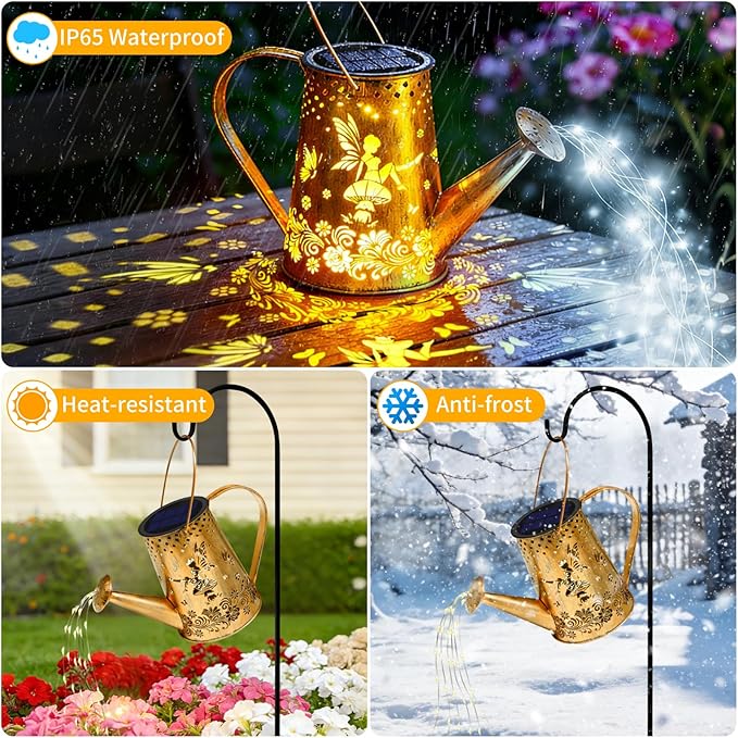 YJFWAL Solar Watering can with Lights, Gifts for Mothers Day Mom Grandma Women Birthday, Waterproof Gardening Gifts Watering Can with Cascading Lights Outdoor Decor for Garden Patio Yard Pathway