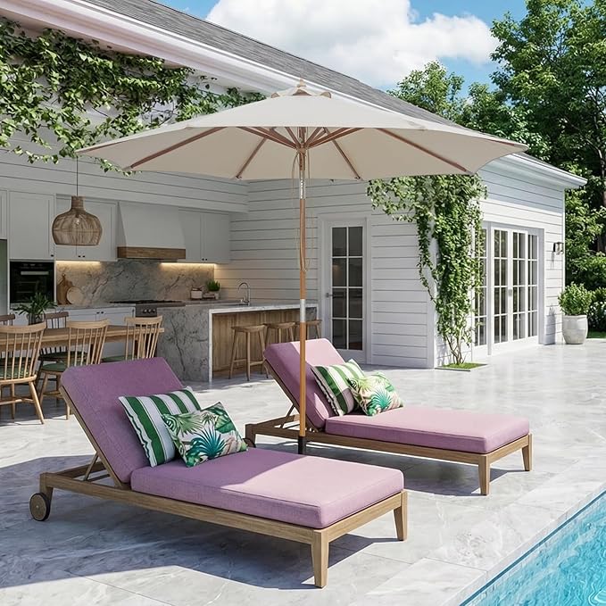 9FT/10FT Bamboo Patio Umbrella, Large Outdoor Umbrella with UPF 50+ Sun Protection, Rope Pulley Lift & Push-Button Tilt, 8-Rib Ventilated Canopy for Garden, Deck, Backyard & Outdoor Dining
