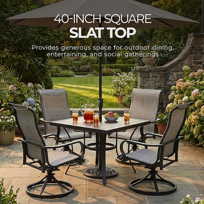 Four Seasons Courtyard Palermo Aluminum Slat Top Outdoor Square Patio Bistro Dining Table with Umbrella Hole and Tapered Leg Design, Gray