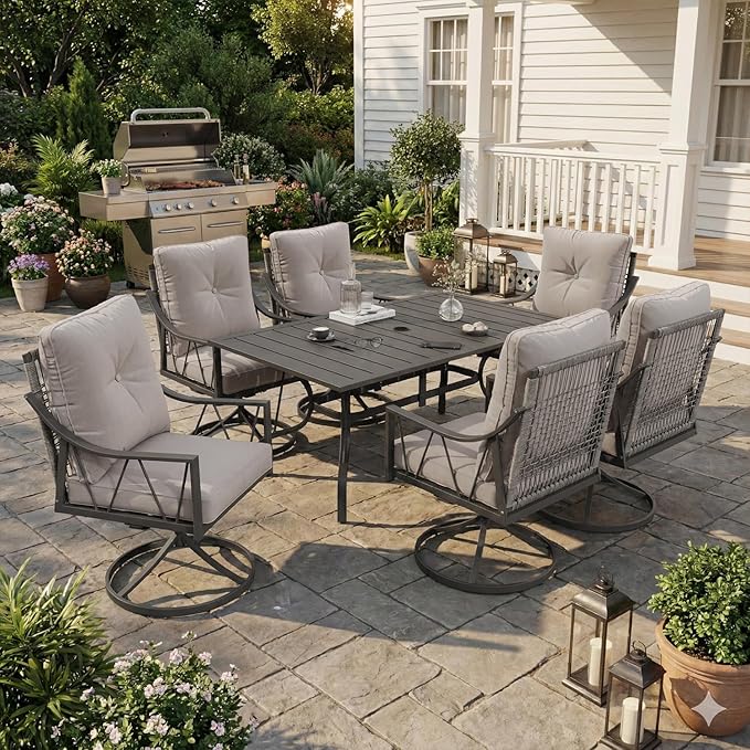 EROMMY 7-Piece Outdoor Patio Dining Set, 6 Wicker Swivel Rocking Chairs with 4" Cushions, Rectangular Table with Adjustable Umbrella Hole for Backyard, Deck, Black