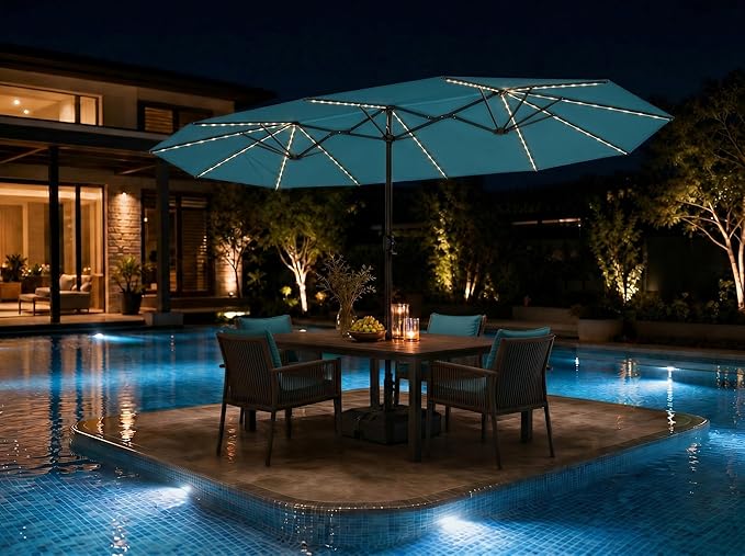 PURPLE LEAF 14ft Patio Market Umbrella with Solar LED and Base Double-Sided Rectangle Outdoor Table Sun Umbrellas with Crank for Pool Beach Deck Backyard Turquoise Blue