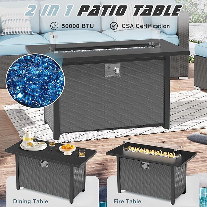 SUNCROWN Outdoor Patio Furniture Set 8 Piece Outdoor Sectional Sofa Grey Wicker Conversation Sofa Set with Coffee Table, Cushions and Fire Pit Table, Light Blue