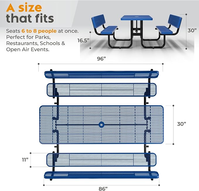 Commercial Heavy-Duty Metal Picnic Table (Blue, 8' Rectangular with Back)