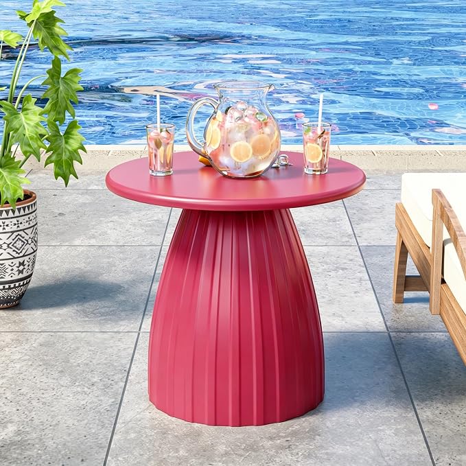 Round Metal Outdoor Patio Side Table, Steel Outdoor Accent Table, Small Patio End Table, for Garden, Pool, Yard, Balcony, Living Room, Deck, Weather Resistant, No Assembly, Pink