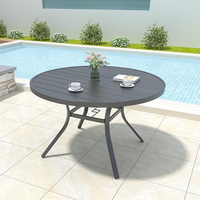 Anmutig 7 Piece Patio Dining Set 48 Inch Round Table Stackable Chairs Black | Powder-Coated Steel Frame, Quick-Dry Textilene Mesh, Dual-Size Umbrella Hole, Weather Resistant, Patio, Garden, Backyard