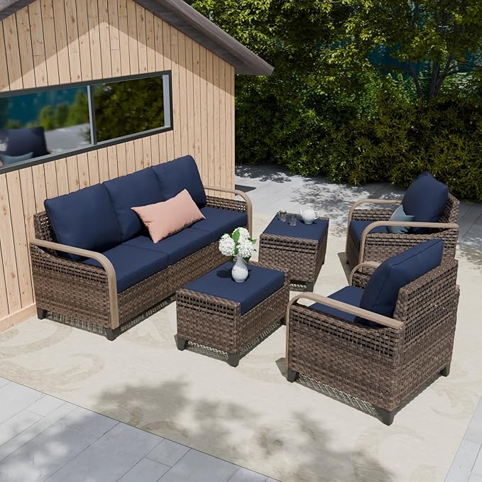 COOS BAY Modern Wicker Outdoor Furniture Set, 5 Piece Patio Conversation Set with 2 Patio Chairs, a 3 Seat Couch and 2 Ottomans, 5 Piece, Brown/Blue