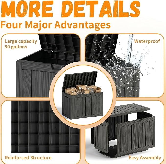 50 Gallon Outdoor Package Delivery Box with Lockable, Waterproof & Weatherproof Secure Parcel Drop Box for Porch, Resin Outside Storage Boxes(Black)