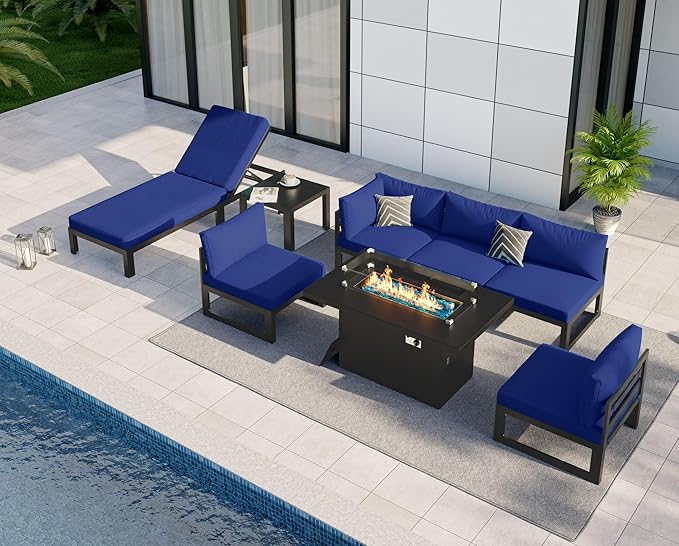 NICESOUL 8 Piece Large Modern Aluminum Patio Furniture Set, Fade Resistant Modular Outdoor Conversation Set with Lounge & Fire Pit Table, 500 lbs Durable Modular Sectional Sofa for Garden, Navy Blue