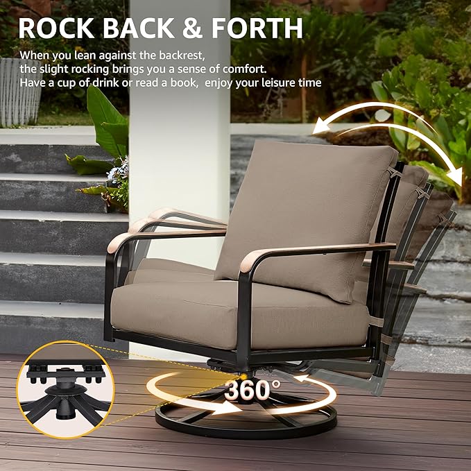 NATURAL EXPRESSIONS Patio Furniture Sets,4 Pieces Metal Outdoor Conversation Sofa Set with High Back Swivel Rocking Chairs with Anti-Scald Armrest,Double-Deck Wooden-Grain Table,6" Cushions for Yard