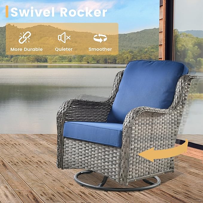 HOOOWOOO Outdoor Patio Furniture Set with Fire Pit 10 Pieces Patio Set with Fire Pit Wicker Outdoor Furniture with Fire Pit Table Set Patio Conversation Set with Swivel Chairs,Navy Blue