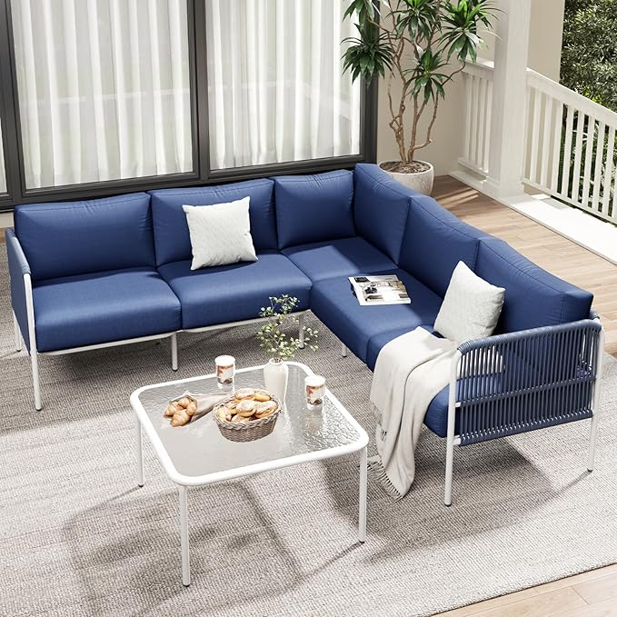 Patio Furniture Set, 6 Pieces Outdoor Couch Sectional, L Shaped Patio Set with PE Rope, Coffee Table, Waterproof Extra-Thick Cushions, Outdoor Seating Conversation Set for Balcony, Garden, Backyard