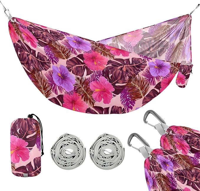 Camping Hammock Outdoor Hammocks for Outside Hibiscus Flower Purple Beach Trees Portable Lightweight with Pockets Tree Straps Indoor