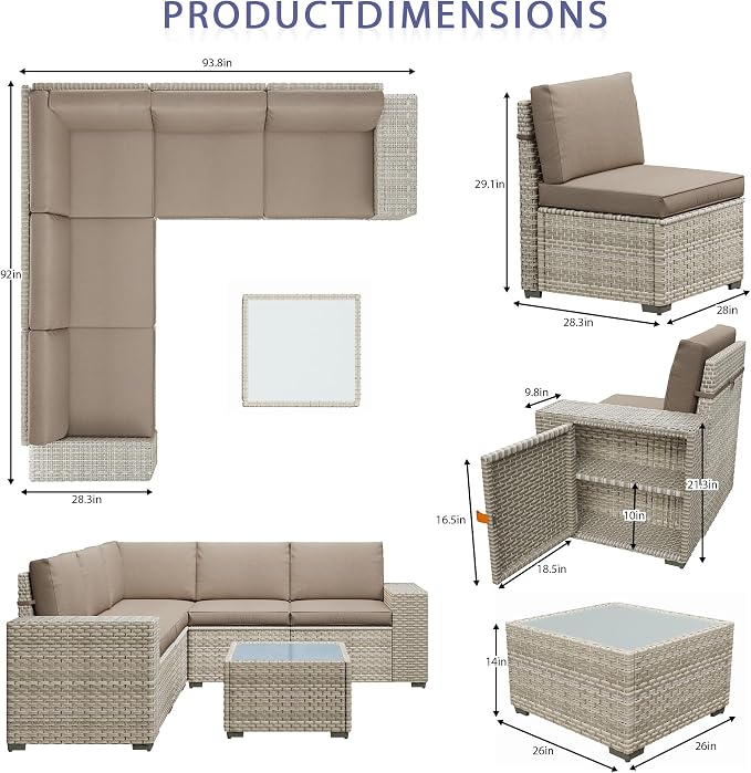 6 Piece Patio Furniture Set, 9.8" Wide Arm Sectional Sofa with Storage Armrests, All-Weather Rattan Outdoor Conversation Set for Garden, Porch, Lawn, Backyard, Balcony, Khaki