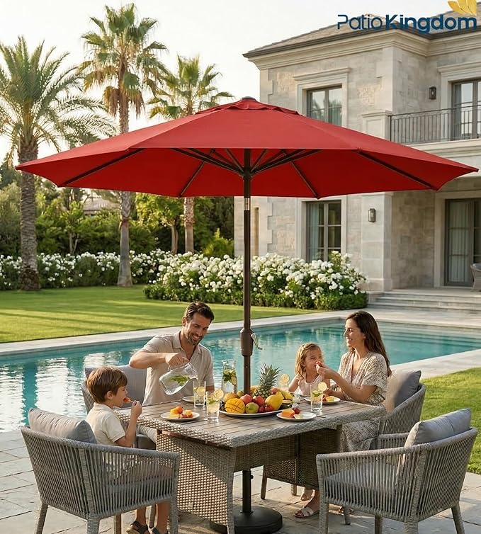 PatioKingdom 9FT Patio Outdoor Umbrella-UPF 50+ Sun Shade with Wind Vent, Push-Button Tilt & Smooth Crank Lift, Rust-Resistant Fiberglass Frame for Garden, Backyard,Yard (Red)