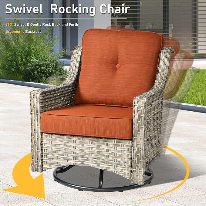 HOOOWOOO 6 Piece Patio Furniture Conversation Sets with Swivel Rocking Chairs,Outdoor Wicker Furniture with Ottoman,All Weather Resistant High Back Rattan Conversational Set(Orange Red)
