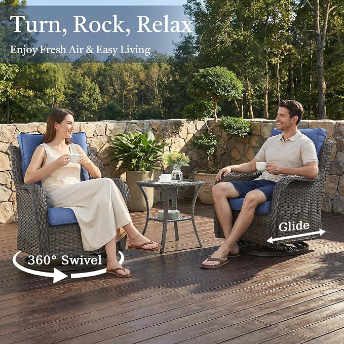 Outdoor Swivel Rocker Patio Chairs with Side Table 3 Pieces PE Wicker Patio Furniture Set for Porch Deck Balcony Garden