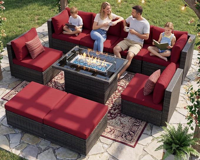 RADIATA 9 Piece Wicker Patio Furniture Set with Fire Pit, All-Weather Outdoor Sectional Couch High Back Large Size, Modular Backyard Seating Sofa Set with Propane/Natural Gas Firepit Table, Grey&Red
