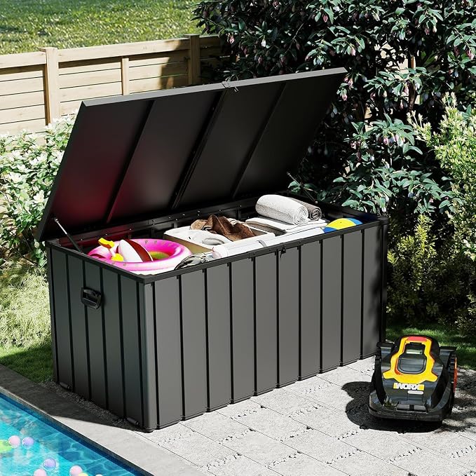 GOWE 200 Gallon Metal Deck Box, Waterproof Outdoor Storage Box with Lockable Lid, Large Pool Storage Cabinet for Patio Furniture Garden Tools Pool-Supplies, Grey
