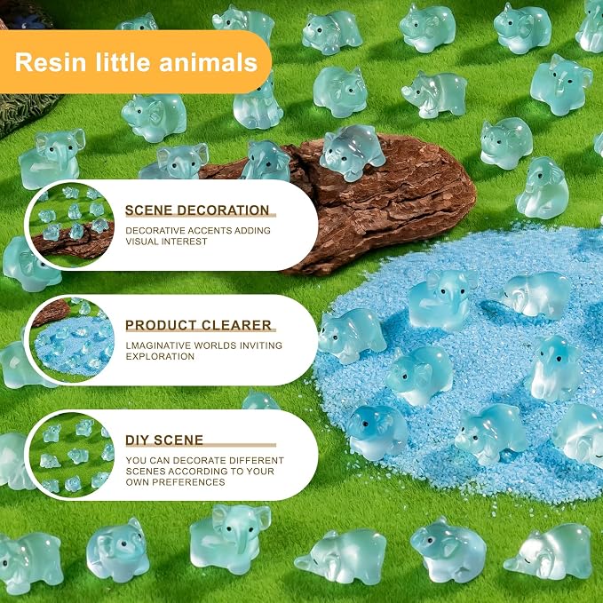 60 pcs Mini Resin Elephant Many Styles Variety Tiny Luminous Animals Figures Miniature Little Small Animal Figurines Bulk for Micro Fairy Garden Landscape Accessories Hide Crafts Decor Aquarium