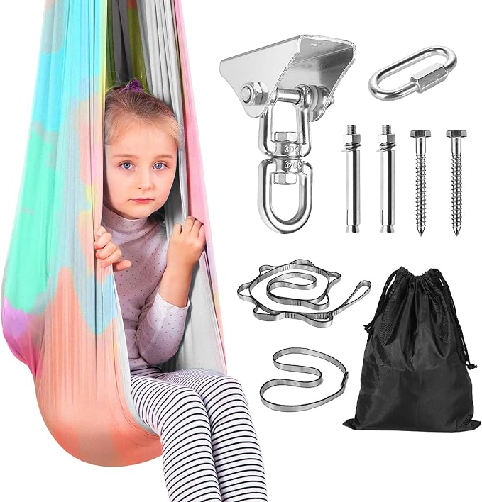 Yoga Swing for Kids Hammock Children Hangin Indoor Outdoor Autism Aspergers,ADHD Kids Hangin Therapy Swing 90inch x 59inch (Hardware Included) Iridescent Gray