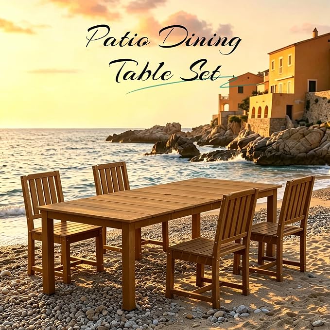 PLUUV 5-Piece Outdoor Dining Set – HDPE Patio Furniture with Aluminum Table, Umbrella Hole, and 4 Armless Chairs, All-Weather Resistant for Garden & Backyard, Brown