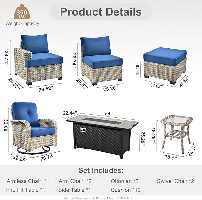 9 Pcs Outdoor Sectional Patio Furniture Set with Fire Pit Table and Swivel Rocking Chairs - All Weather Wicker Modular Outside Sectional Sofa Couch,Patio Seating Outdoor Conversation Sets,Navy Blue