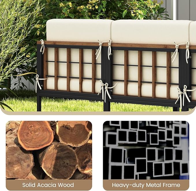 Tangkula 6 Pieces Acacia Wood Patio Furniture Set, Outdoor Sectional Conversation Sofa Set with Cushions, Coffee Table and Ottomans, Metal Frame Patio Sofas for Garden, Poolside, Backyard, Beige