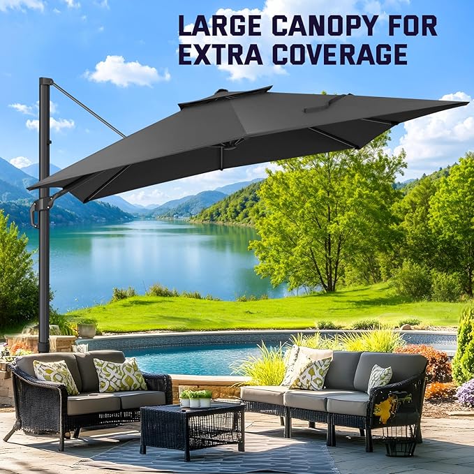 Hoteel Patio Umbrella - 10ft Cantilever Umbrella Outdoor for Patio, Offset Umbrellas with Double Top Vent, UV resistant, Large Table Umbrella on Clearance for Deck, Pool, Market, Backyard - Gray
