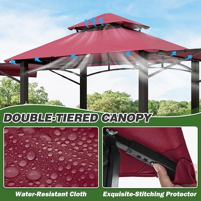 GARTOO 8'x5' Outdoor Grill Gazebo with 2 Side Awnings - Double Roof BBQ Gazebo Canopy with LED Lights and 2 Side Shelves, Patio BBQ Pergola Shelter for Garden, Porch and Backyard (Red)