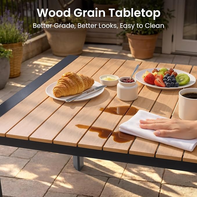 11 Pieces Outdoor Patio Dining Set, 95" Aluminum Table and Stackable Chairs | Adjustable Umbrella Hole & Wood Grain Tabletop for Garden, Patio, Backyard (Brown)