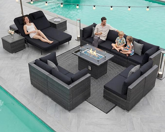 NICESOUL 13 Piece Patio Set with Fire Pit Table, 500 lbs High Weight Capacity Large Outdoor Sectional with Fire Pit & Chaise Lounge, 29.3'' High Back Patio Sectional Deep Seating Grey & Black